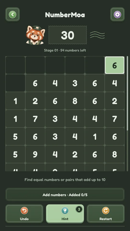 Actual Android NumberMoa gameplay in dark mode